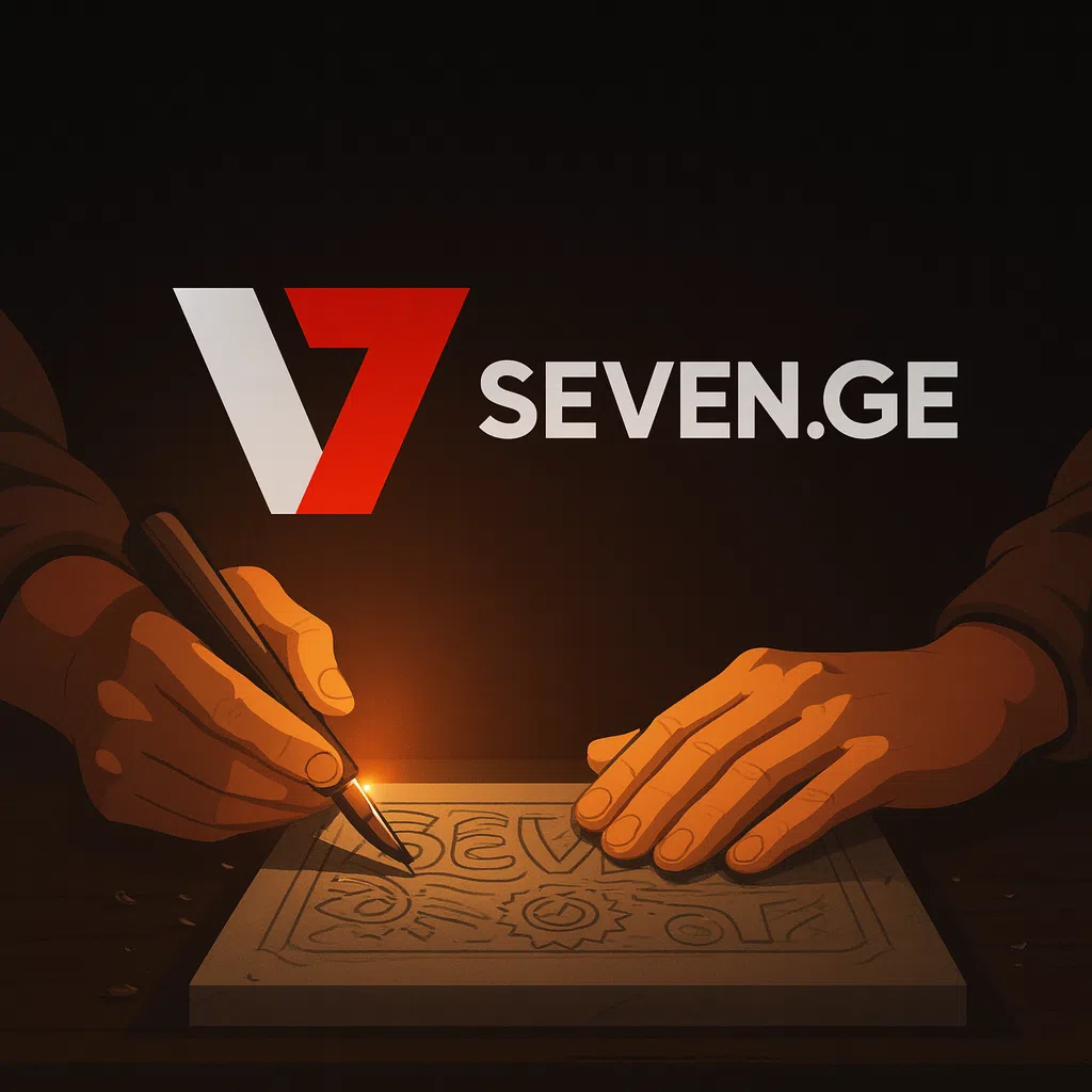 ბრენდის ლოგოს დიზაინისა და მუშაობის პროცესის ილუსტრაცია Seven.ge-ს სტუდიაში, V7 ლოგოთი და თბილ კინემატოგრაფიულ განათებაში.